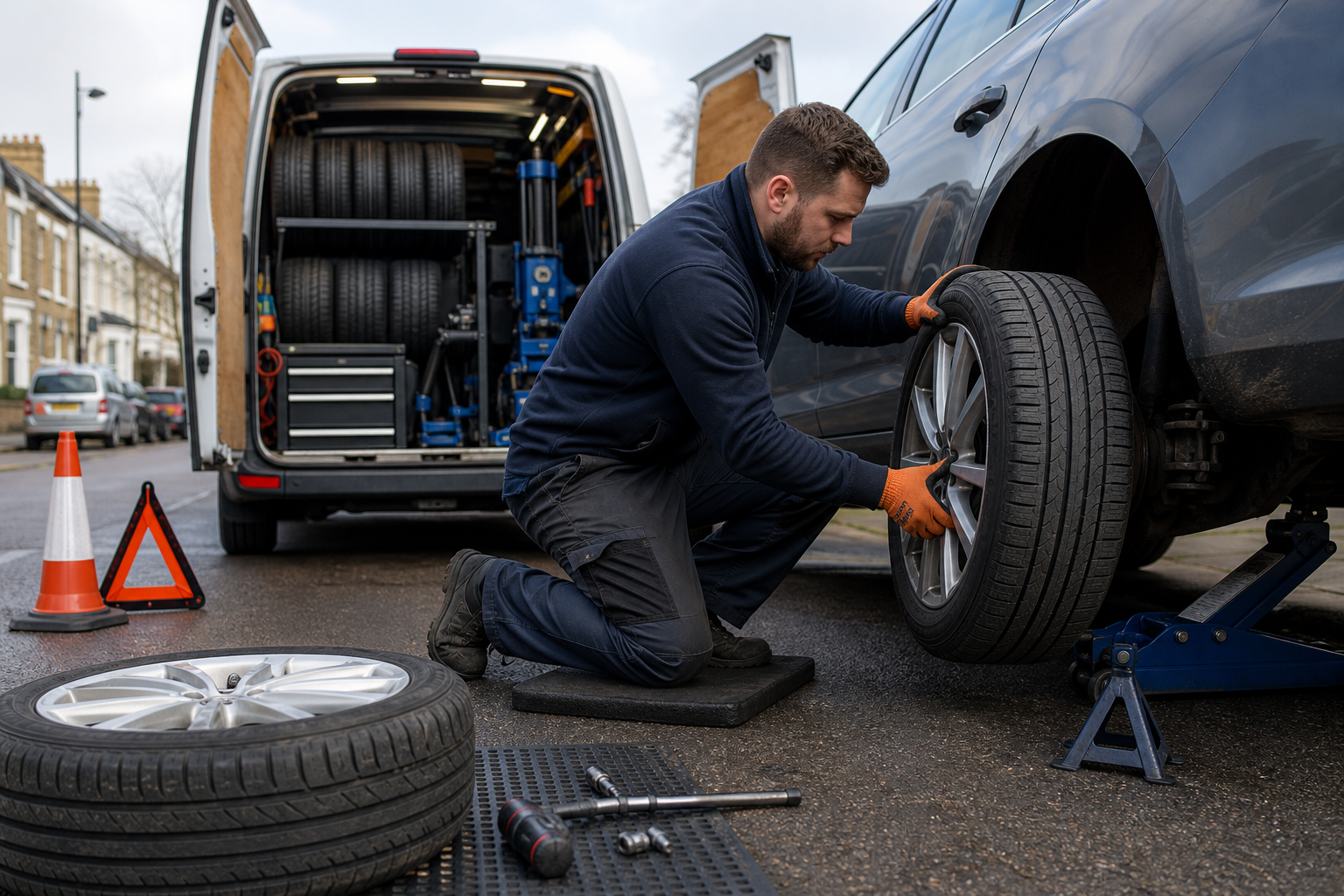 Mechanic changing a tyre with tools next to a service van on a residential street.