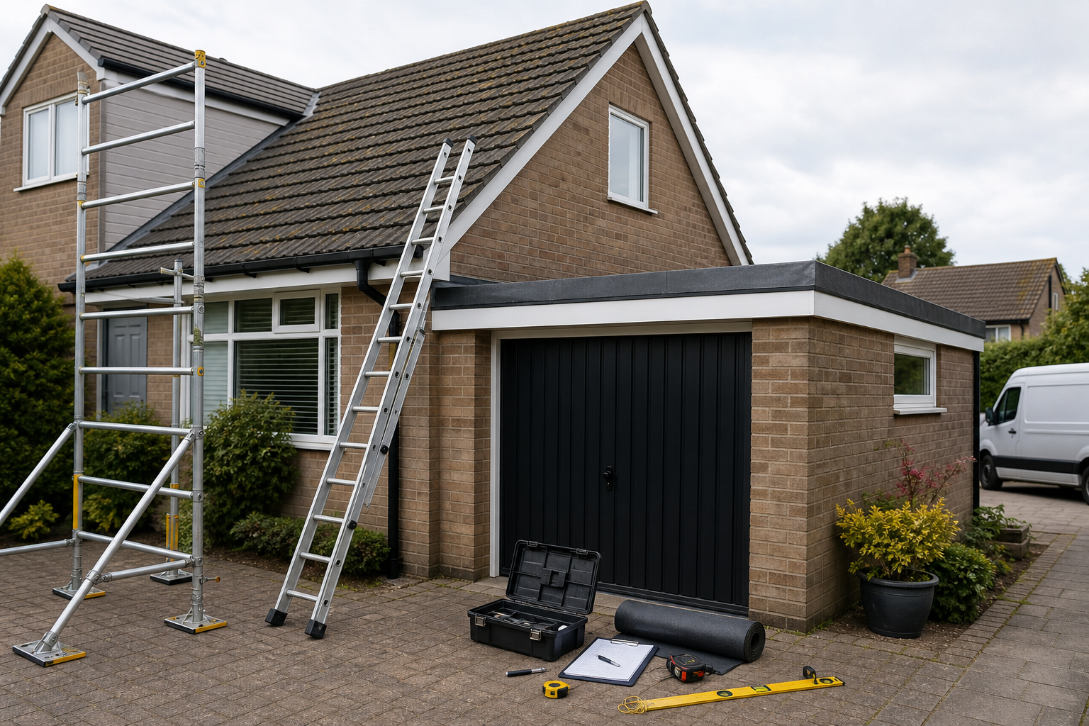 Ladders and tools set up outside a brick house with a flat-roofed garage.