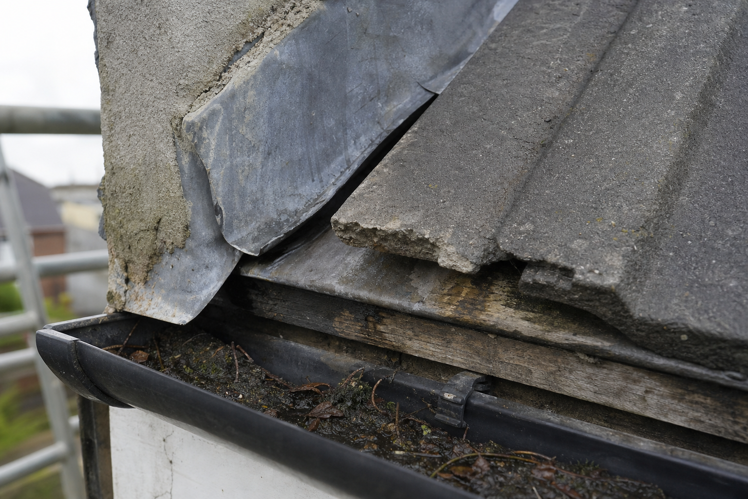 A damaged roof corner with weathered concrete and metal flashing above a full gutter.