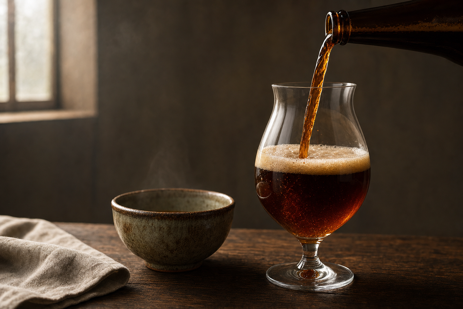 Dark ale being poured into a tulip glass next to a steaming ceramic bowl on a wooden table.