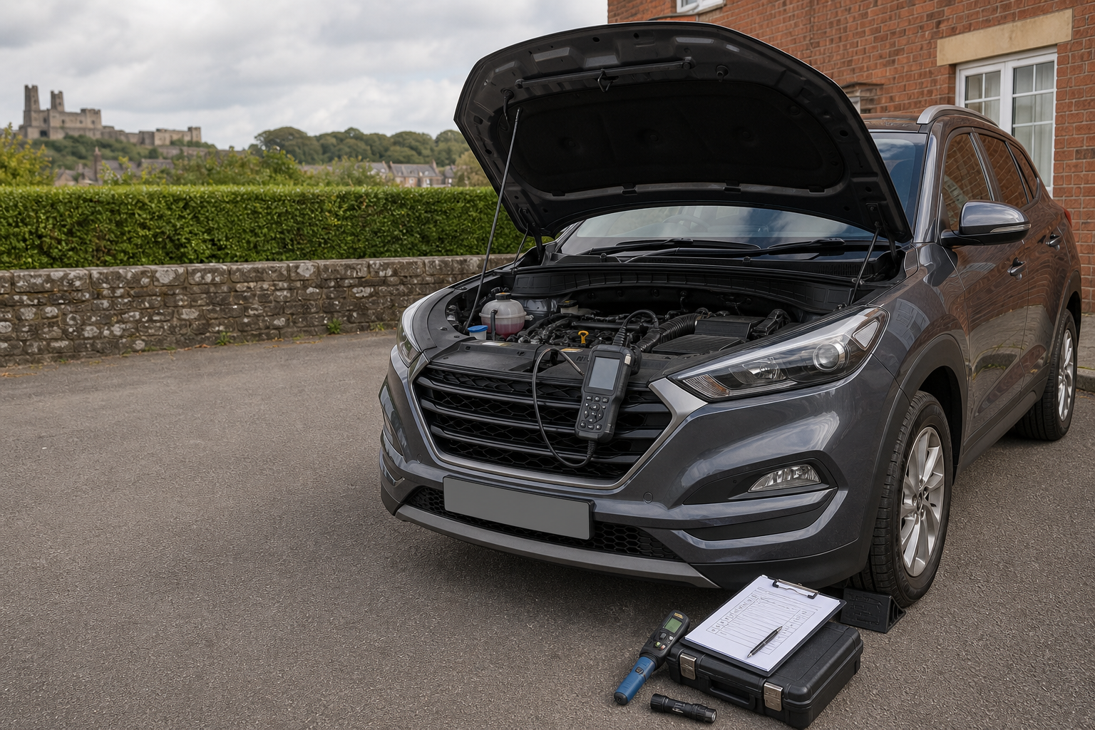 SUV with open hood and diagnostic tools positioned in front of a brick building.