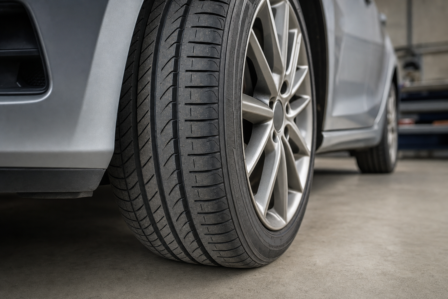 Close-up of a car's rear tyre and alloy wheel on a garage floor.