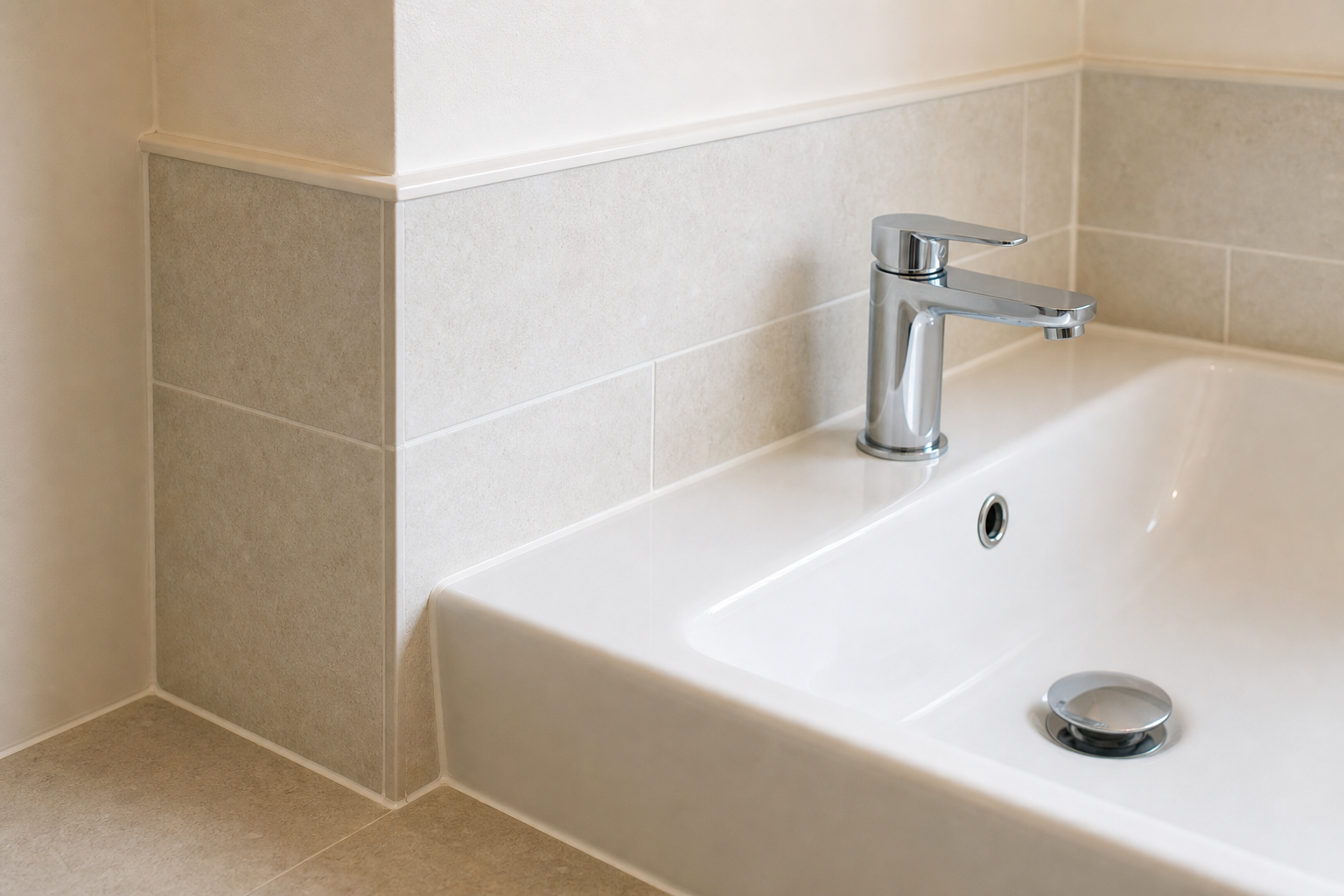 Modern bathroom sink with chrome tap and beige tiled splashback.