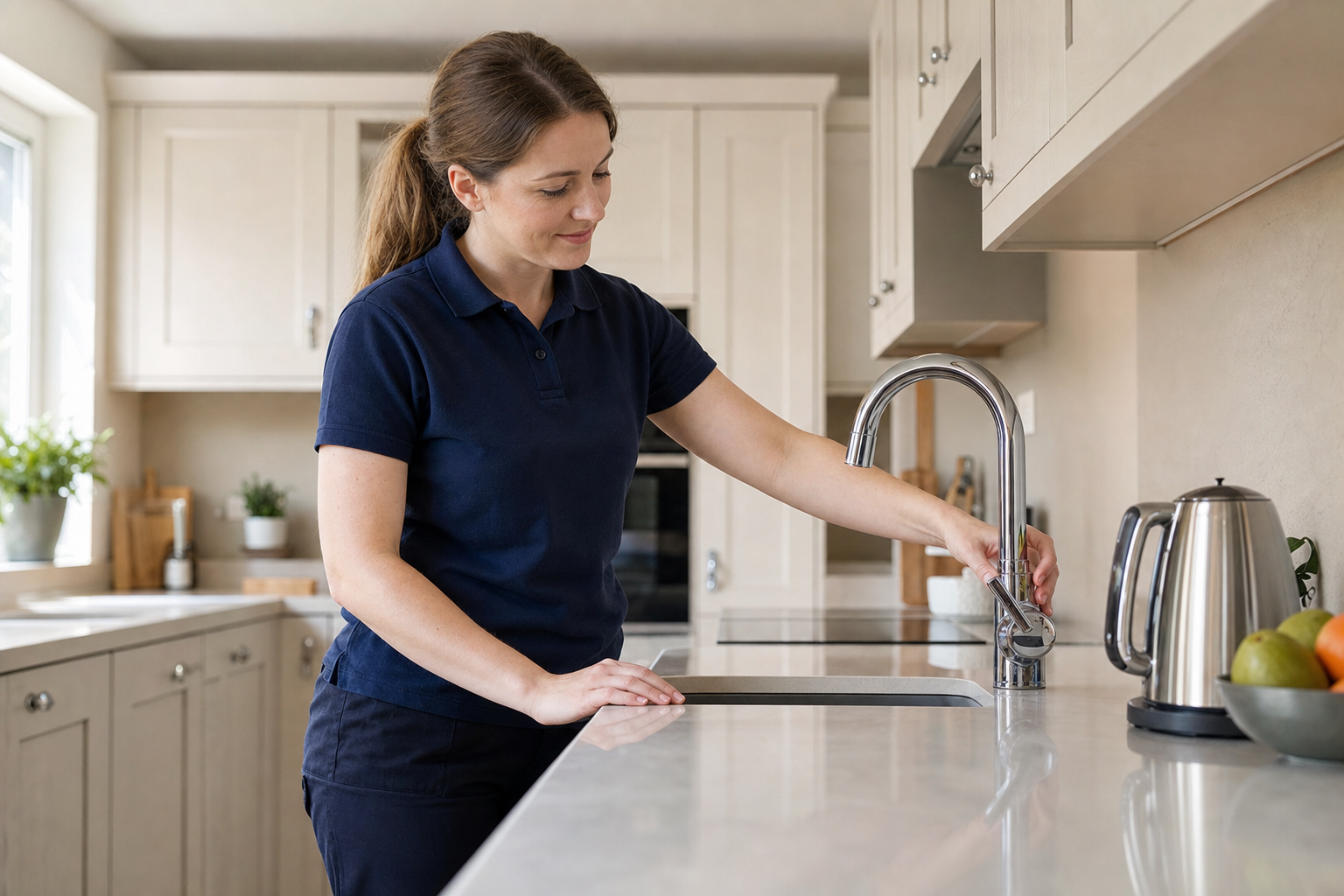 A woman in a navy polo turns on the kitchen tap beside a kettle and a bowl of fruit.