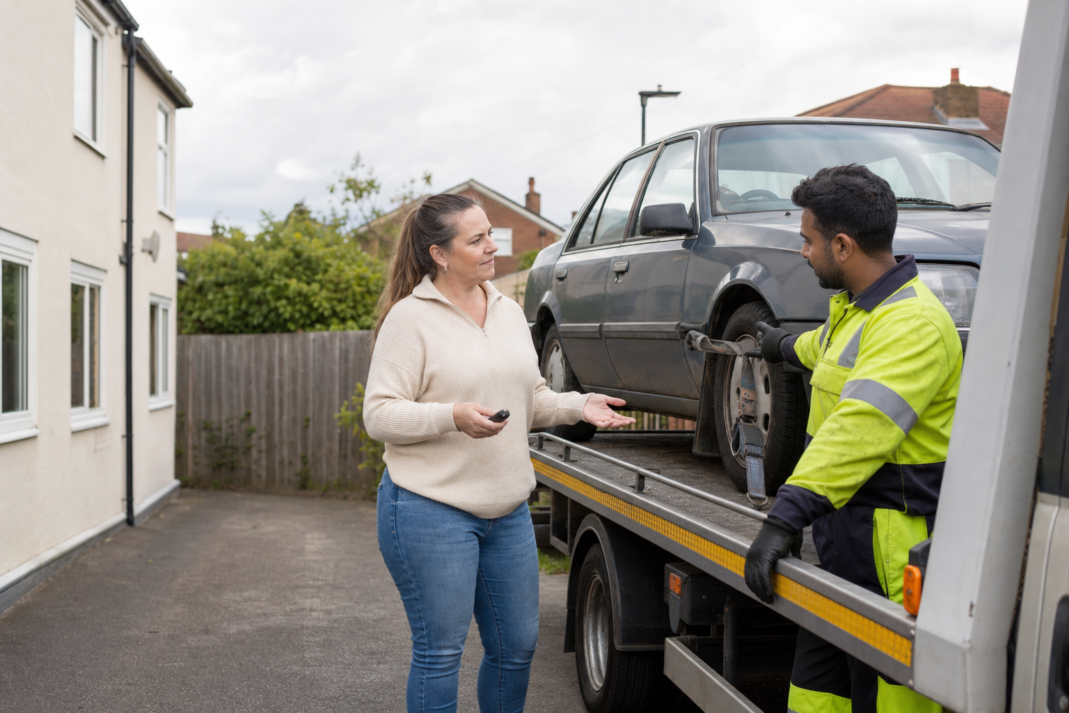 A woman speaks to a tow truck driver as her car is loaded onto the vehicle in a residential driveway.