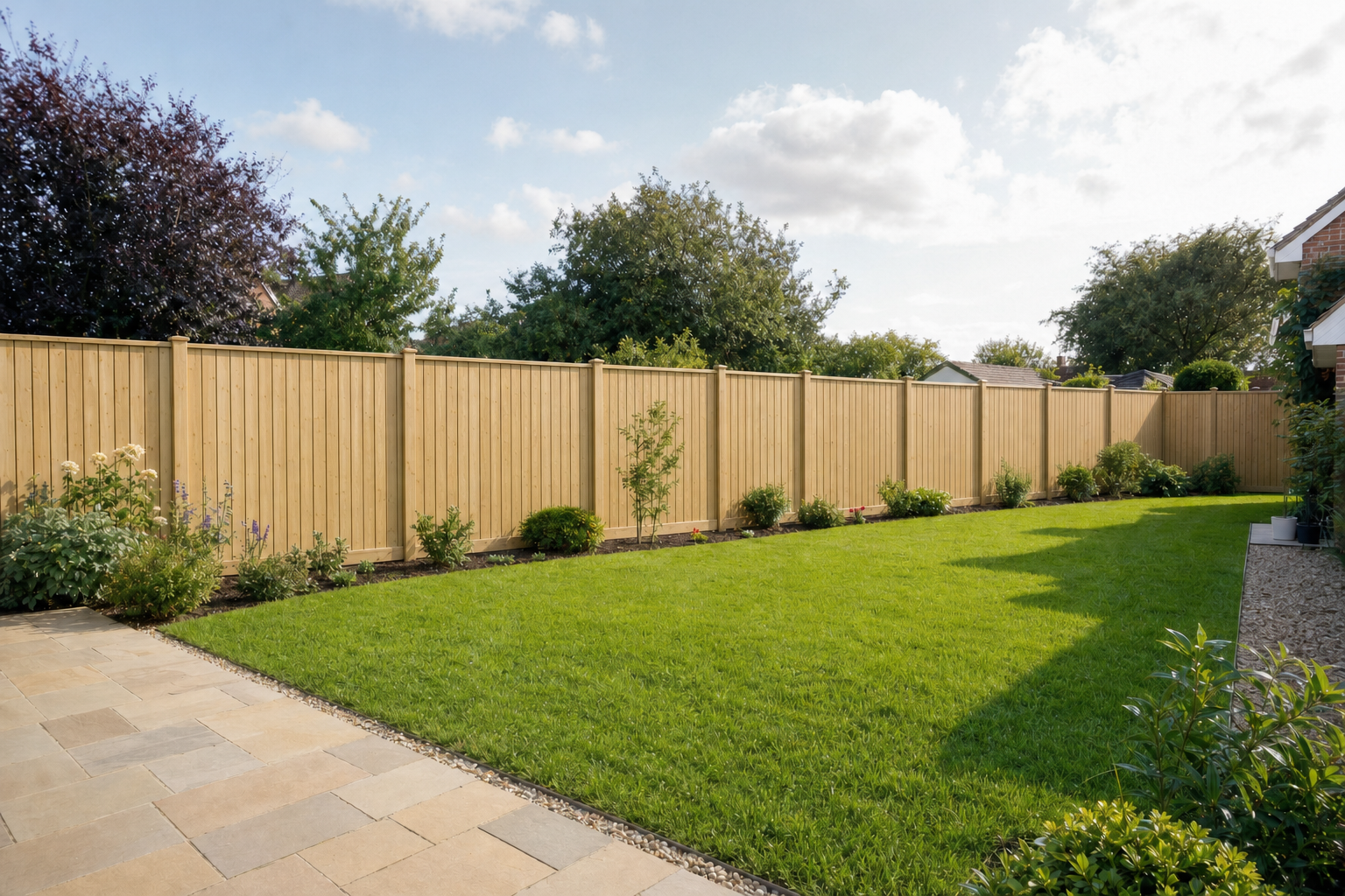 A well-maintained garden with a green lawn, bordered by a wooden fence and surrounded by various shrubs and plants.