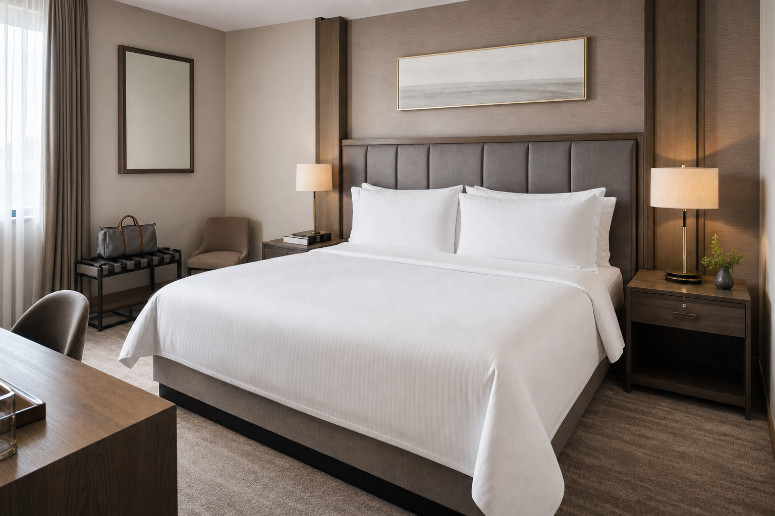 Modern hotel room with a large bed, bedside tables with lamps, and a window with curtains.