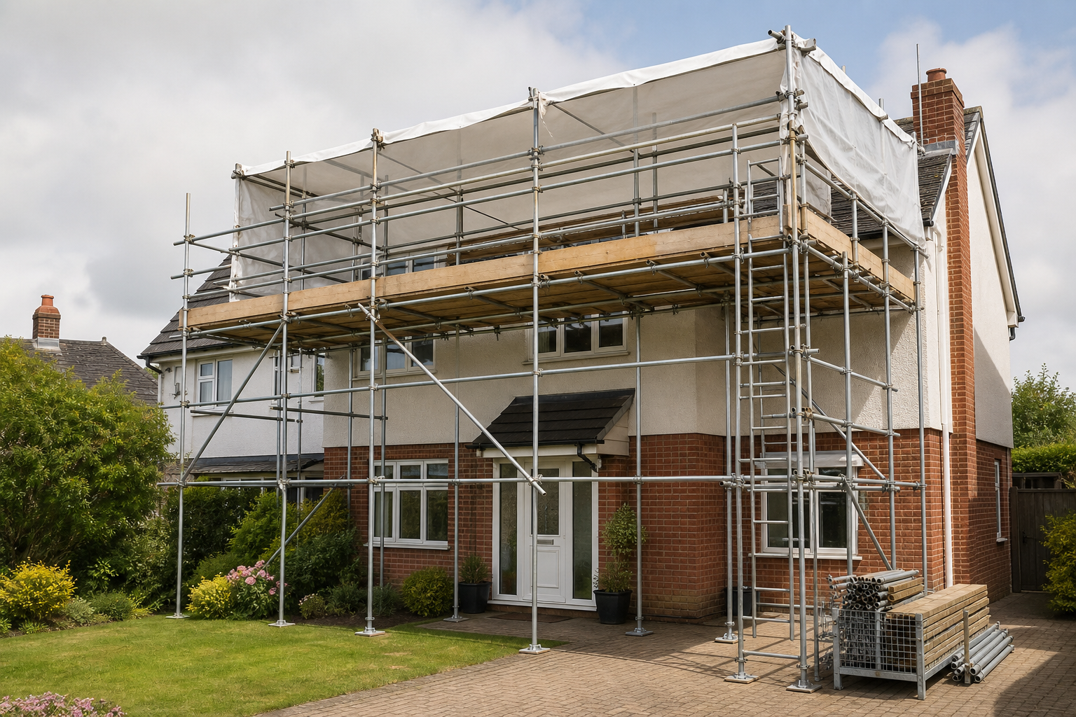 Two-story house under renovation with scaffolding on the exterior.