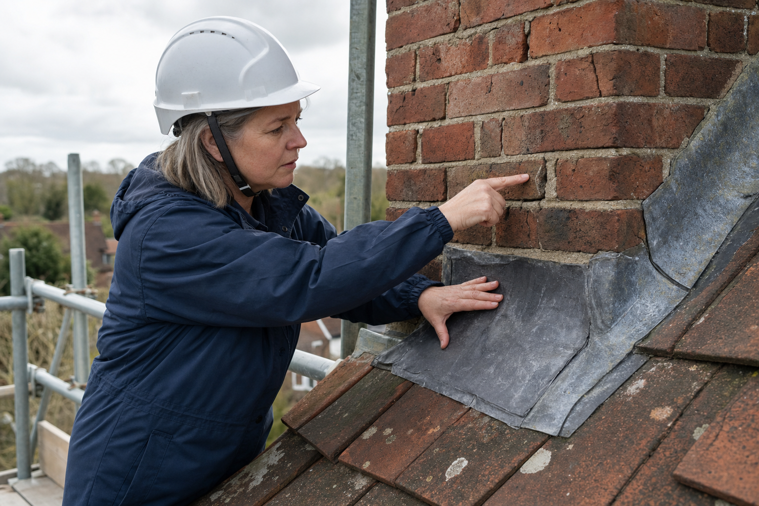 A person in a hard hat inspects a brick chimney on a rooftop, pointing at the mortar.