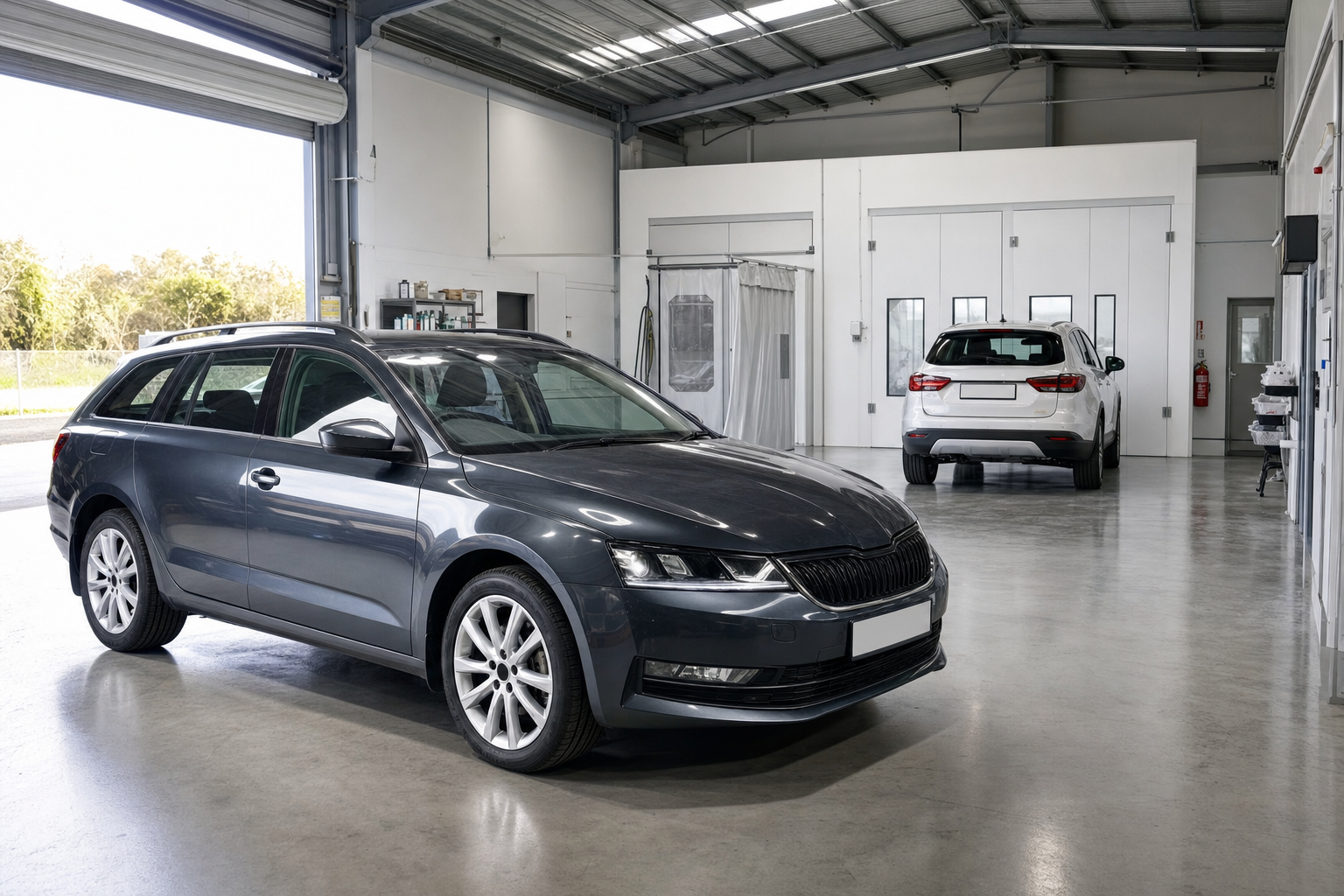 A dark estate car is parked inside a modern automotive garage with another white car in the background.