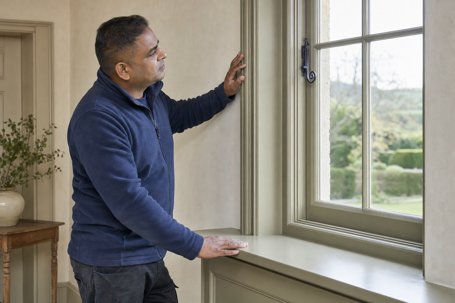 A man in a blue fleece examines the frame of a large window with a view of a garden outside.