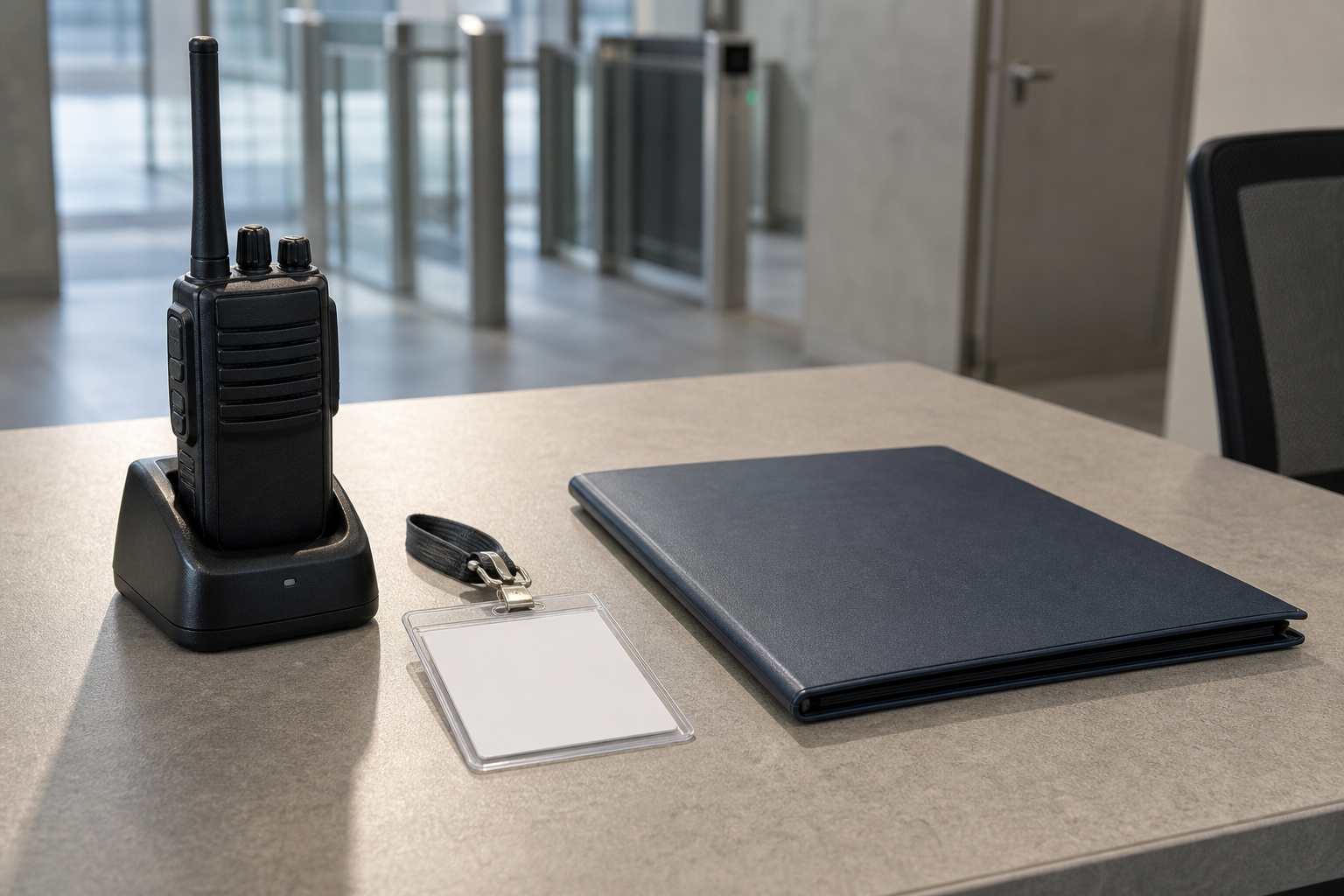 A walkie-talkie, an ID badge, and a folder on a security desk in a modern building entrance.