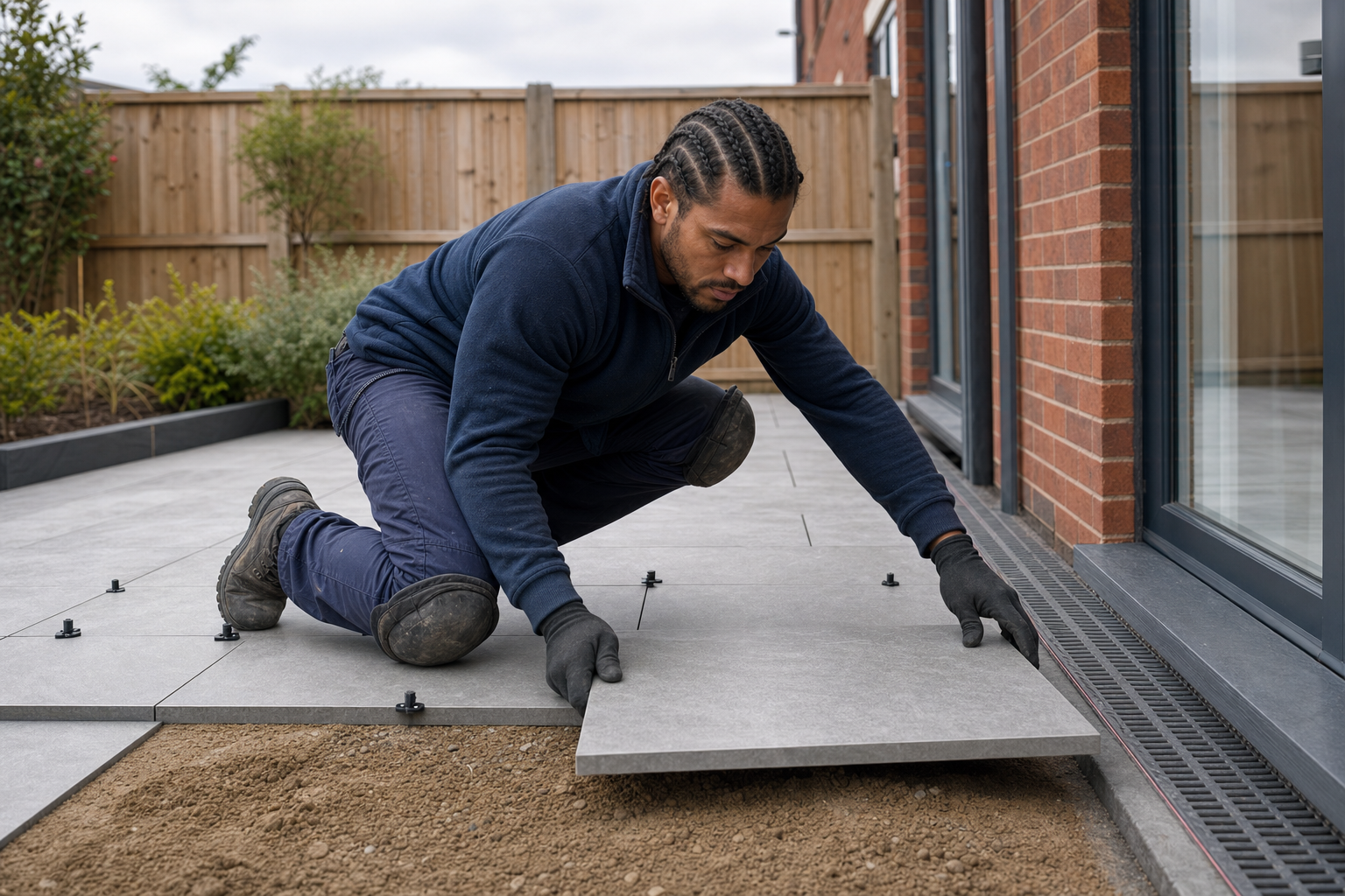 Man installing large grey tiles on a patio next to a brick wall and sliding glass doors.