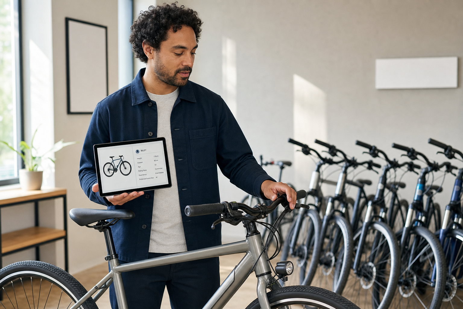 Man holding a tablet with bike specifications stands beside a grey bicycle in a show room with multiple bikes in the background.