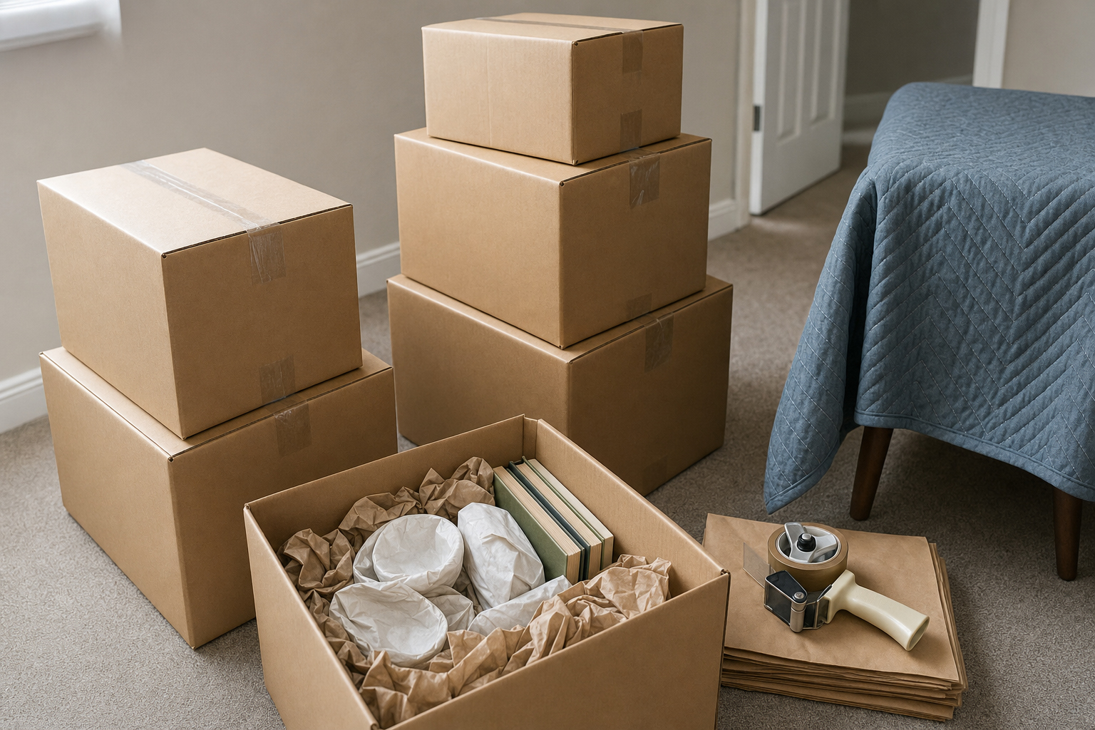 Cardboard boxes and packing materials arranged on a carpeted floor, ready for moving.
