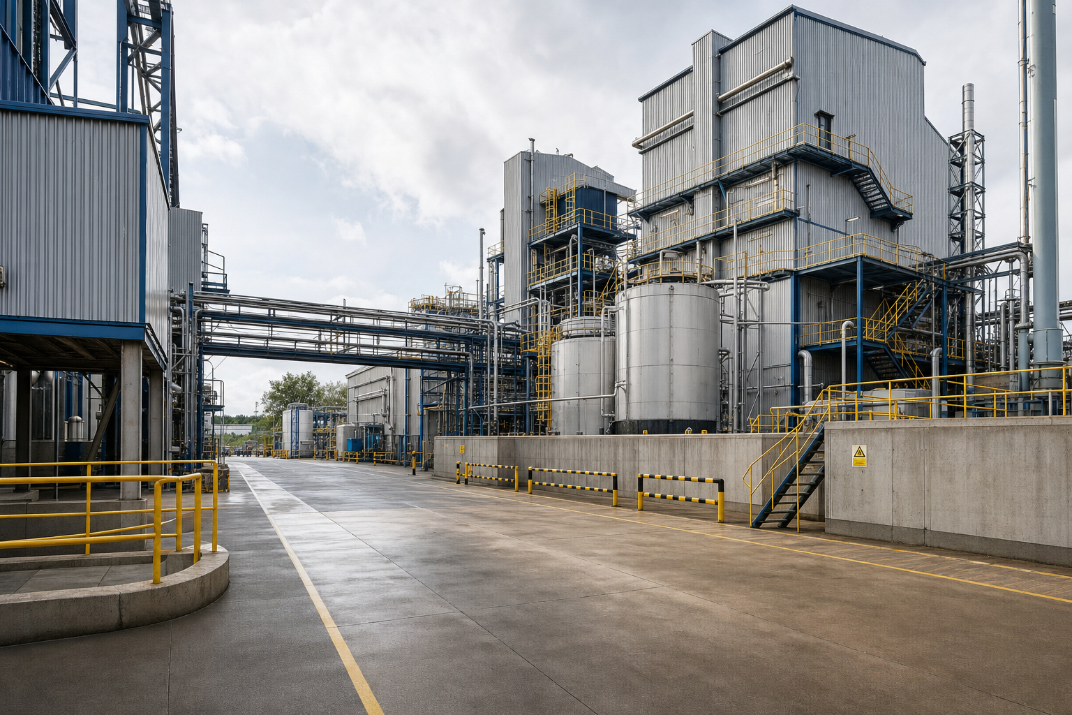 Industrial complex with metal tanks, pipes, and walkways under a cloudy sky.