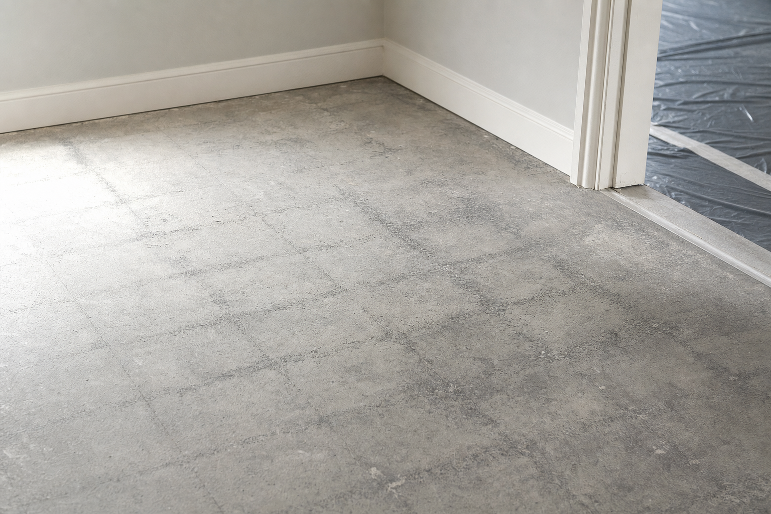 Freshly installed concrete flooring with a visible grid pattern and white skirting board in a corner room.