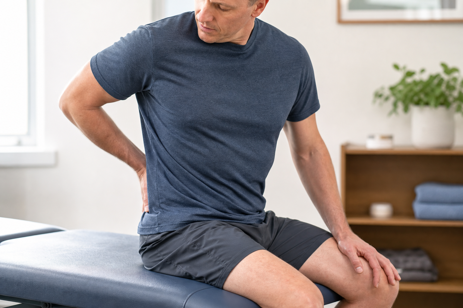 Man in a blue T-shirt sits on a treatment table, holding his lower back in discomfort, in a bright therapy room.