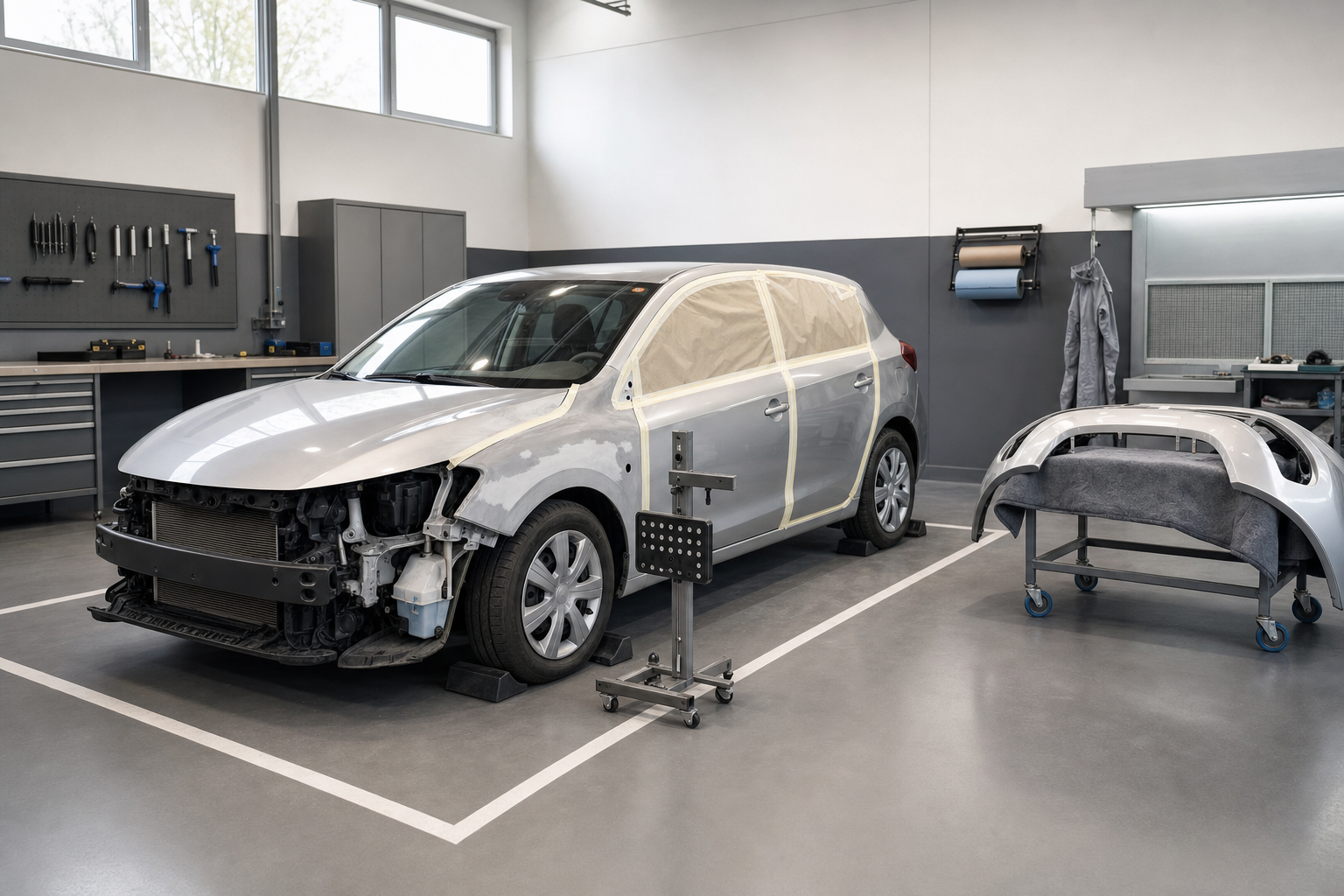 A car undergoing repair in a garage, with the front bumper removed and windows covered for painting.