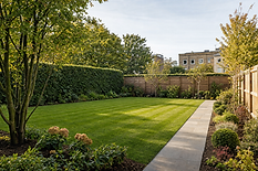 A neatly landscaped garden with a lush green lawn, bordered by trees and shrubs, under a clear sky.