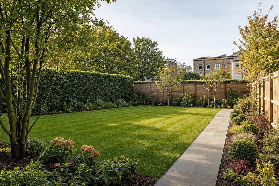 A neatly landscaped garden with a lush green lawn, bordered by trees and shrubs, under a clear sky.