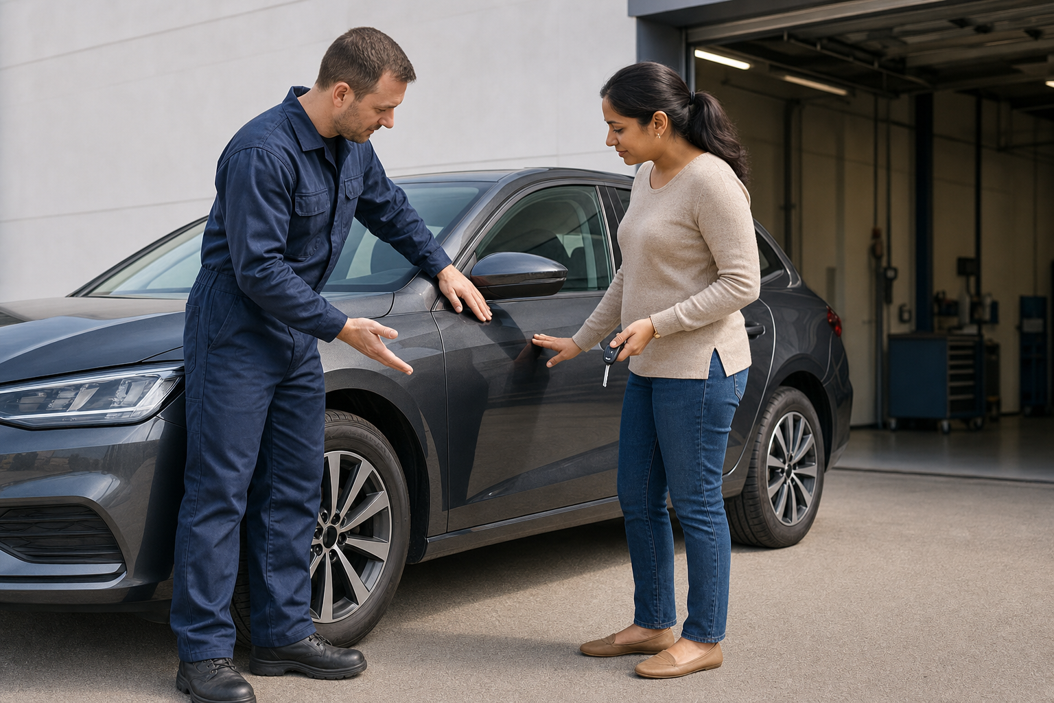 Mechanic in blue overalls showing a woman a scratch on her car's door outside a garage.
