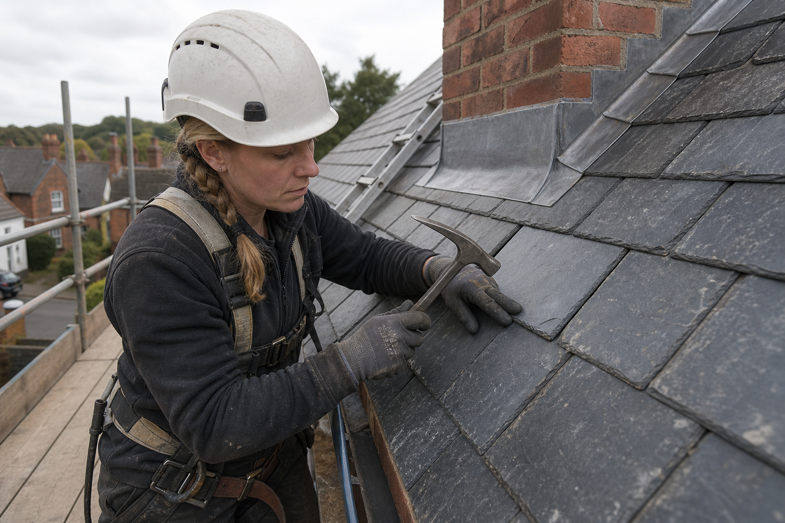 Roofer in a white hard hat repairing grey slate tiles on a house roof with a hammer.