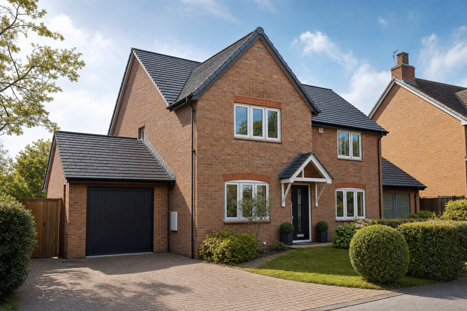 A modern detached brick house with a garage and landscaped front garden on a sunny day.