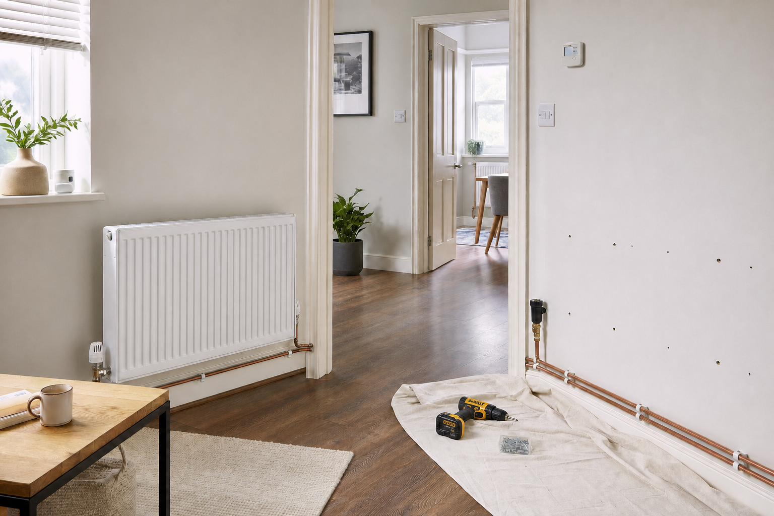A partially installed radiator with visible copper piping and tools on a cloth near a doorway in a tidy, modern home.