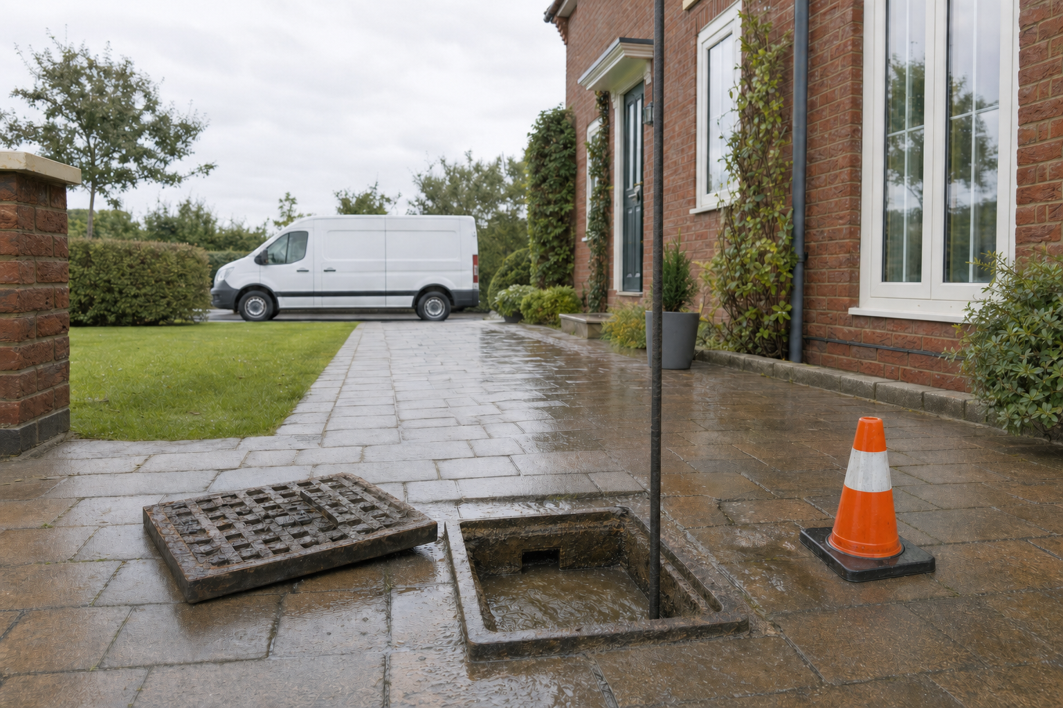 An open manhole with a safety cone next to a brick house and white van, on a wet paved driveway.