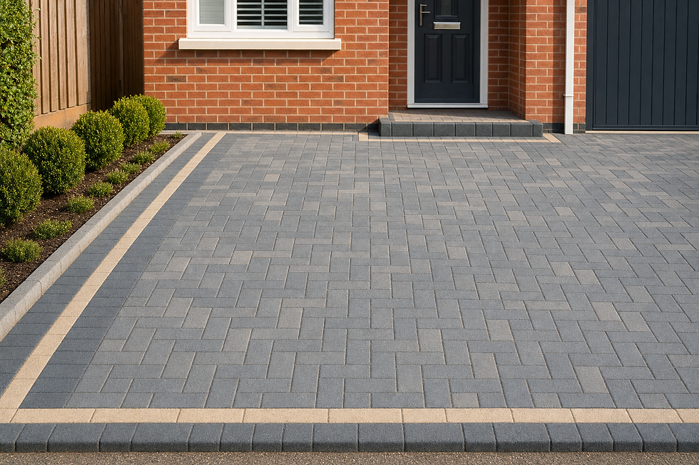 A neatly arranged block-paved driveway leads to a red brick house with a black door and white-framed window.