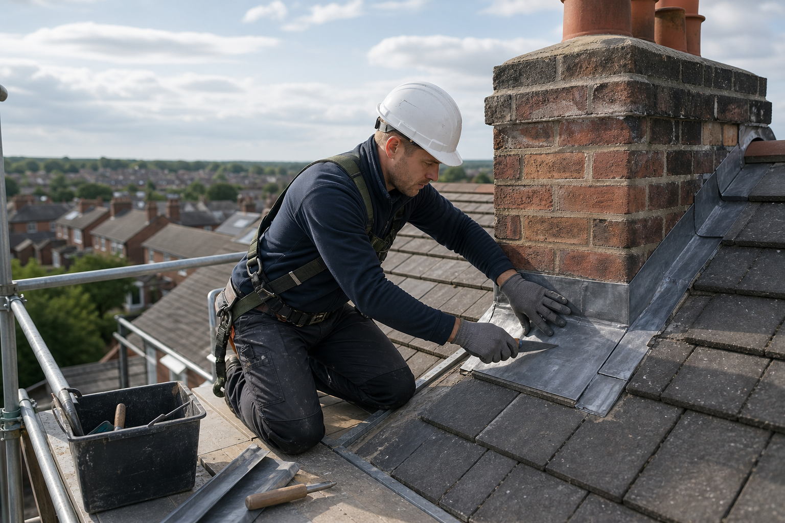 Worker in a hard hat and gloves repairs chimney flashing on a roof.