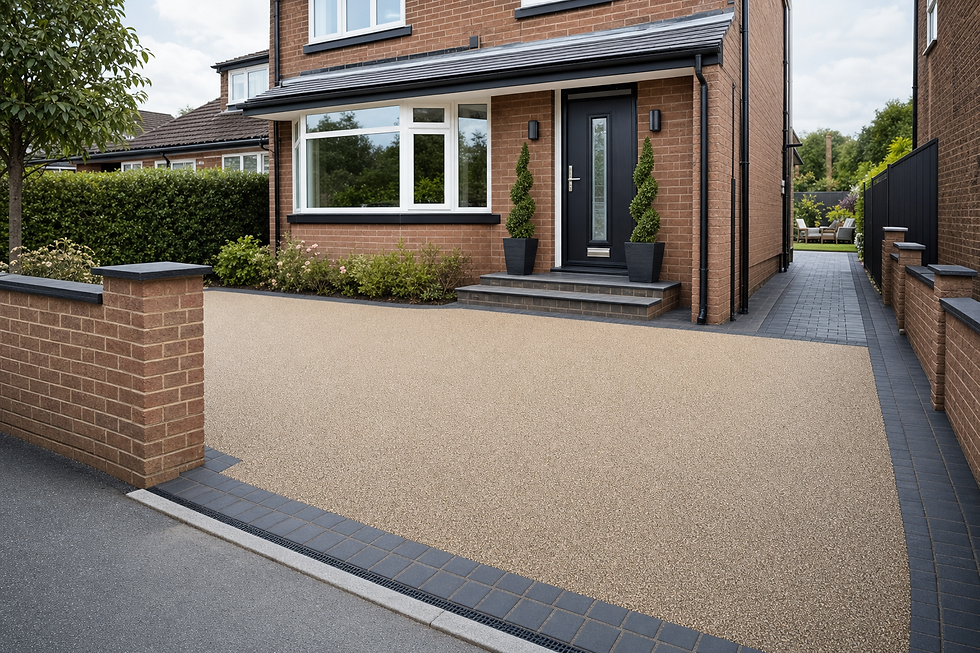 A neatly maintained driveway leads to a modern brick house with black entrance door and two potted topiary trees.