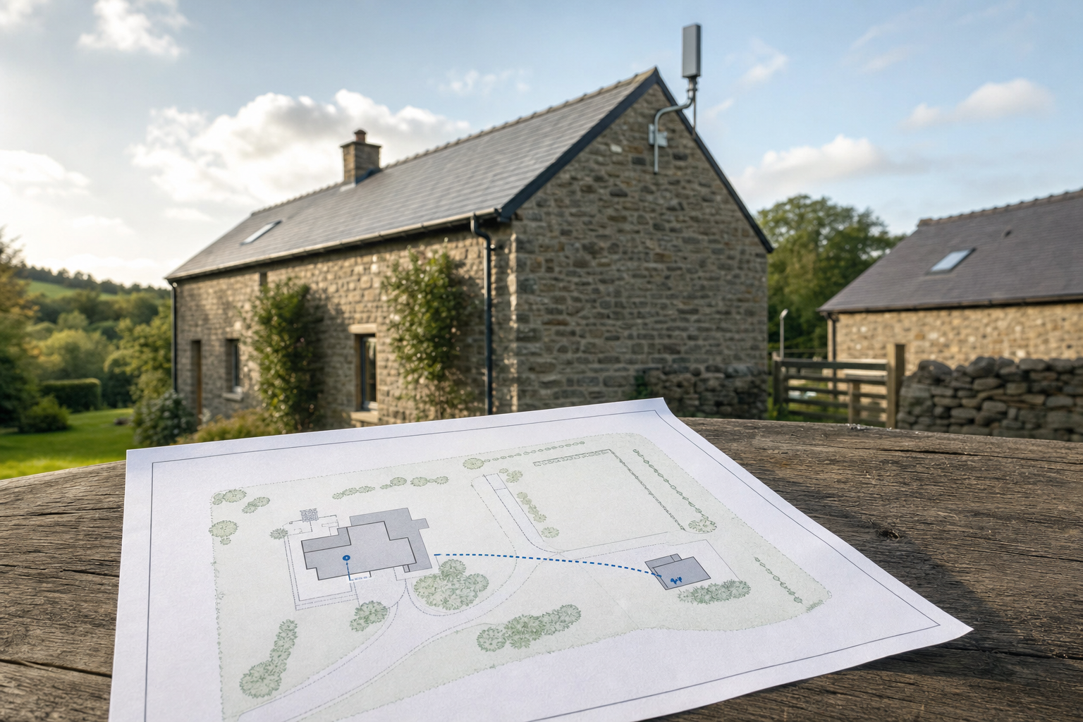 A rural stone cottage with a site plan on a wooden table in the foreground on a sunny day.