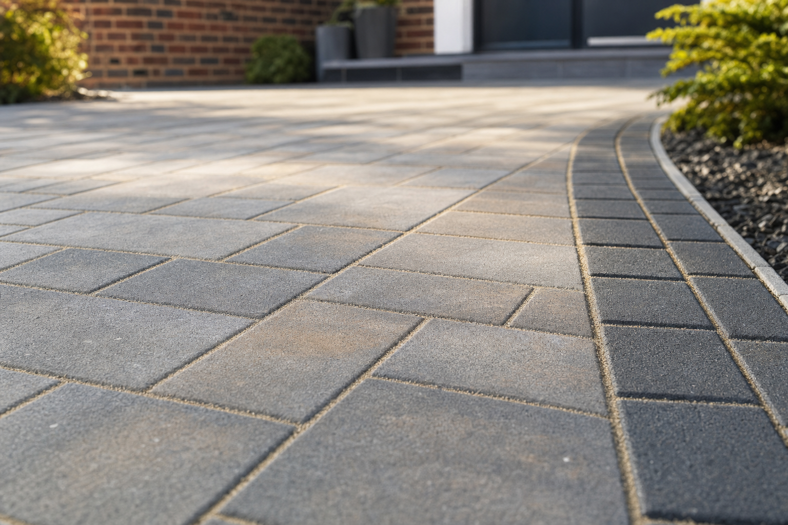 Grey block paving pathway with a brick house and potted plants in the background.