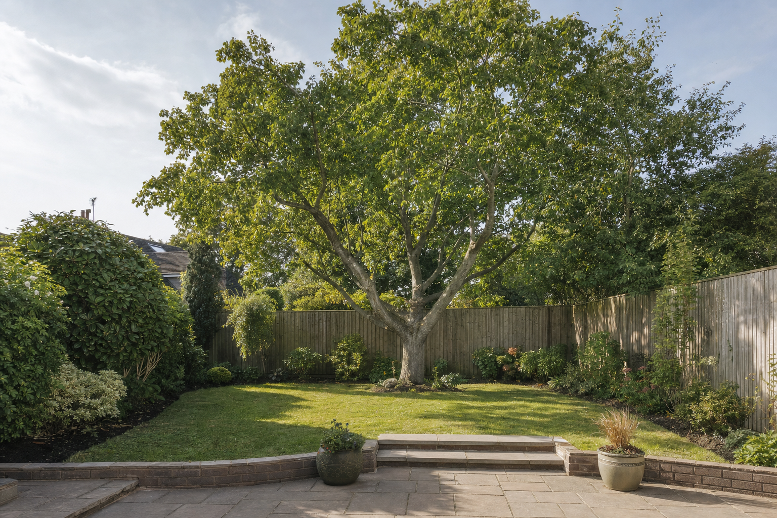 A large tree casts shade over a neatly manicured garden with a wooden fence and potted plants.