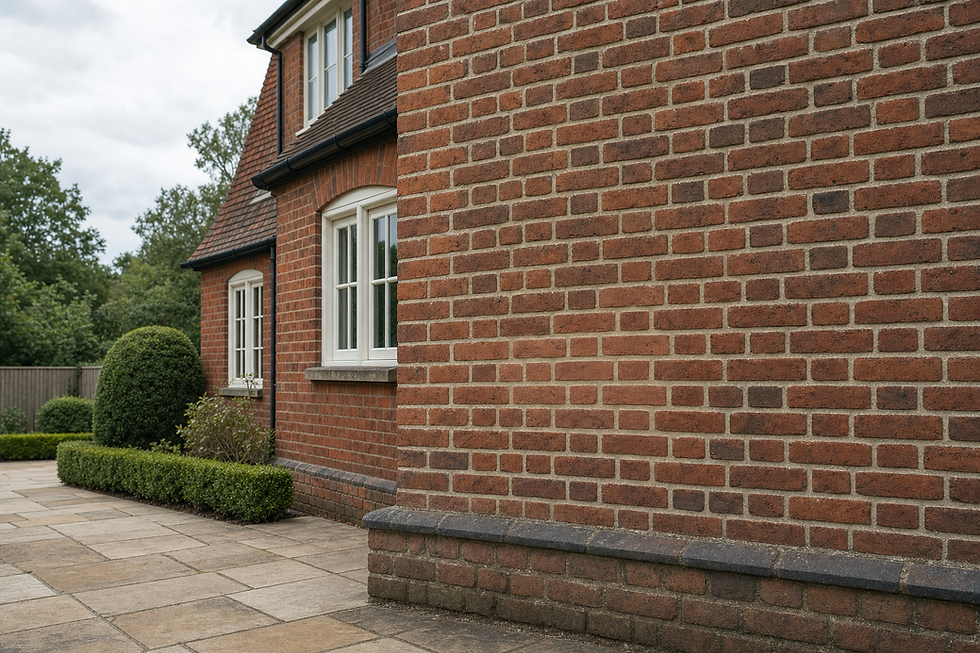 Brick exterior of a house with white windows and a neatly trimmed hedge in the foreground.