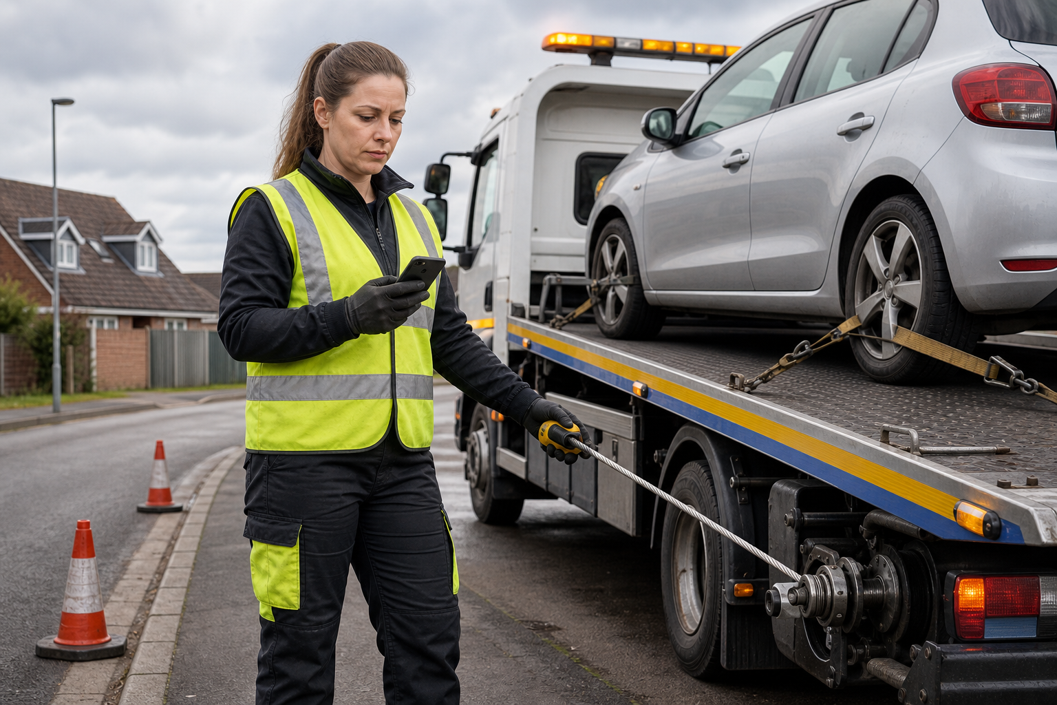 Tow truck operator in a high-visibility vest checks her phone next to a car secured on a flatbed.