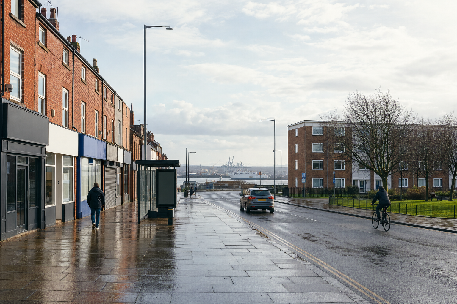 A wet urban street scene featuring pedestrians and a cyclist, with a distant view of a port.