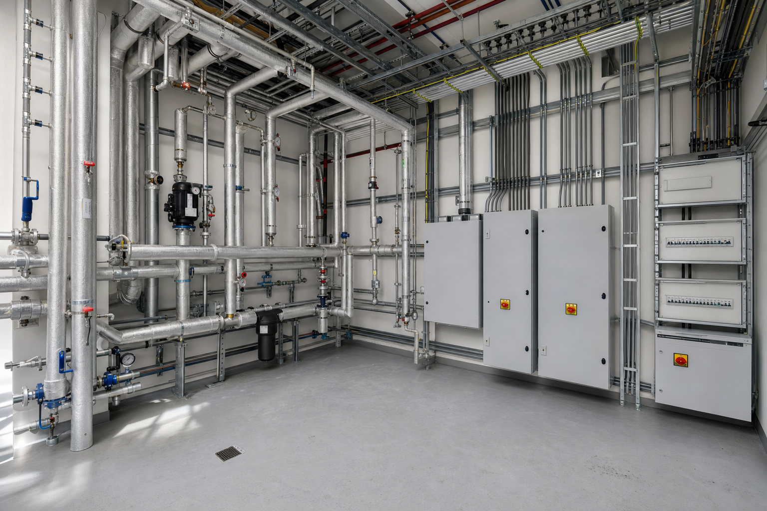 Industrial control room with complex piping, gauges and electrical panels mounted on the walls.