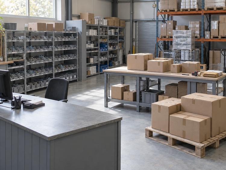 A warehouse with shelves of supplies, cardboard boxes on tables and pallets, and a desk with a computer in the foreground.