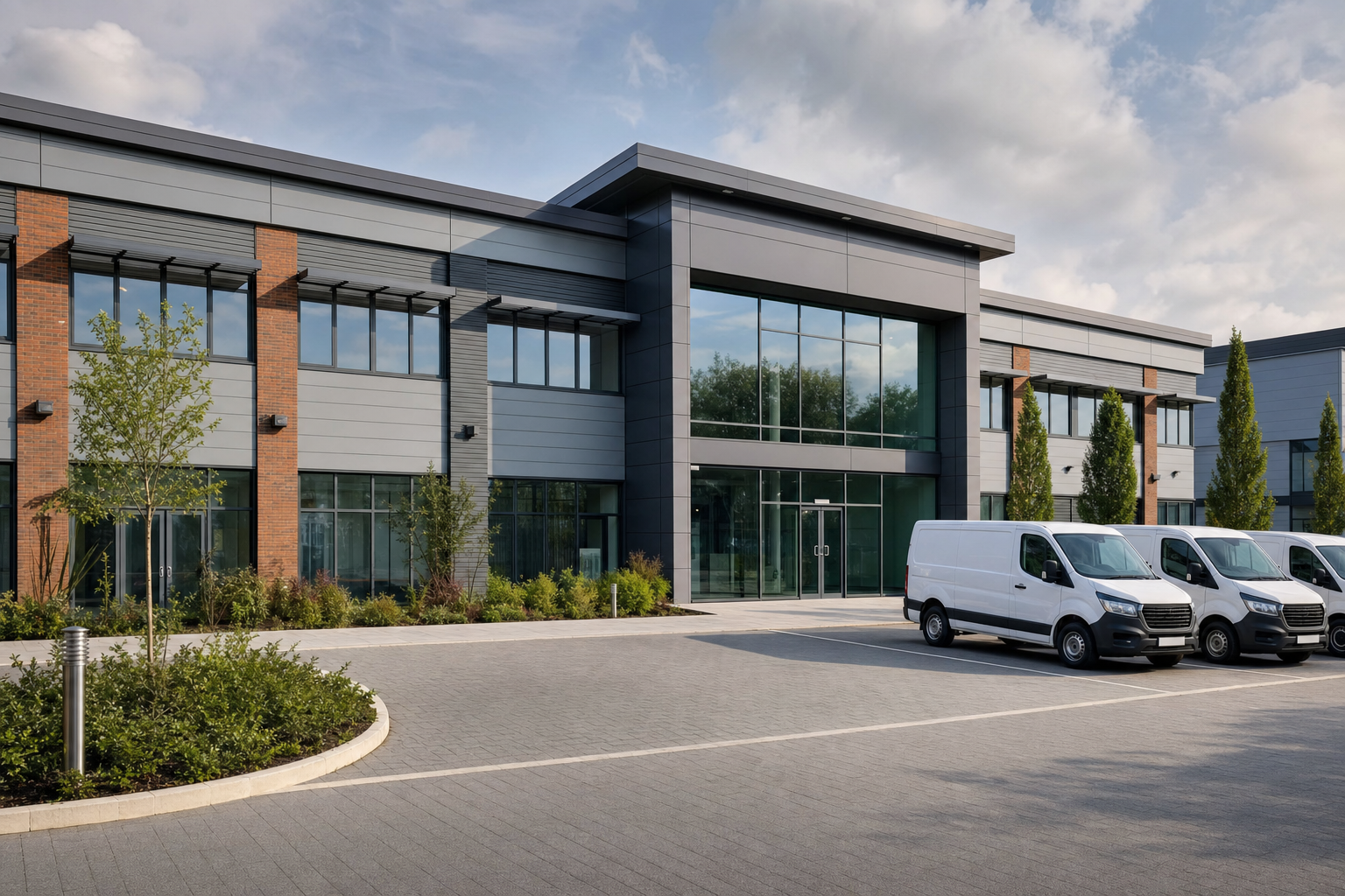 Modern office building with large windows and several white vans parked in the forecourt under a partly cloudy sky.