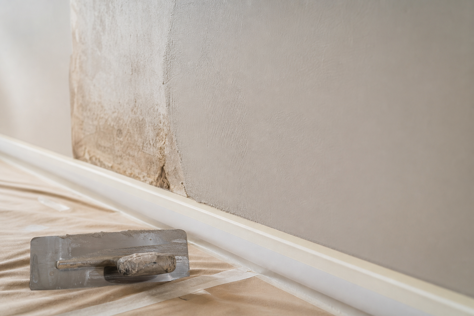 Trowel on a protective sheet near a partially plastered wall section.