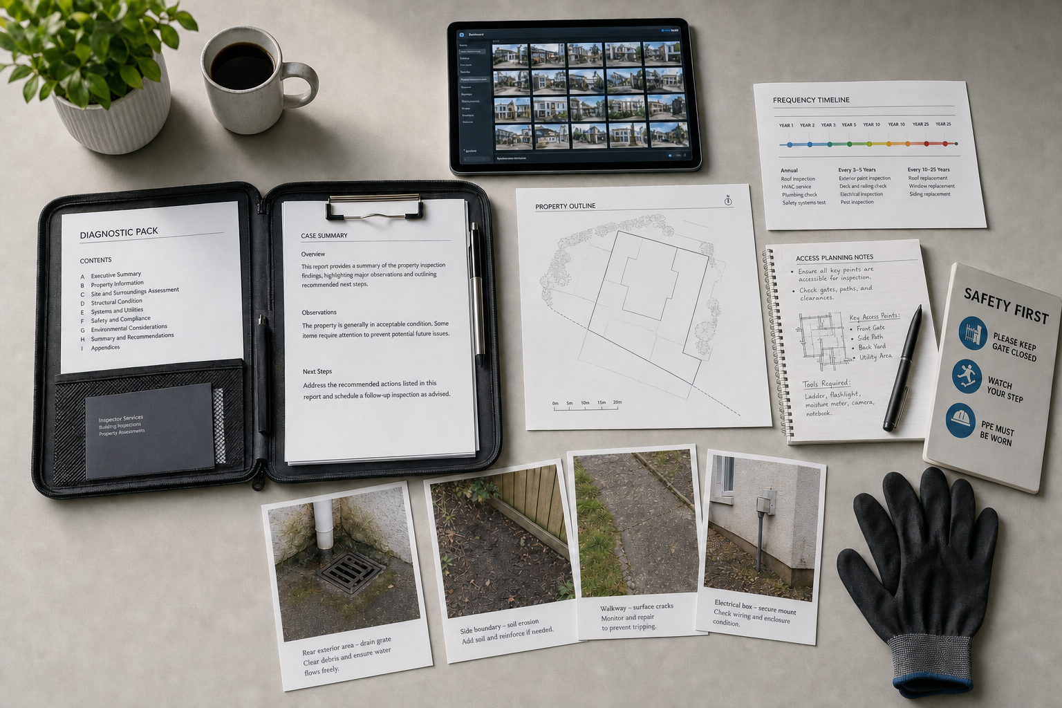 Property inspection documents and equipment, including a tablet, gloves, safety guide, and photographs of potential issues.