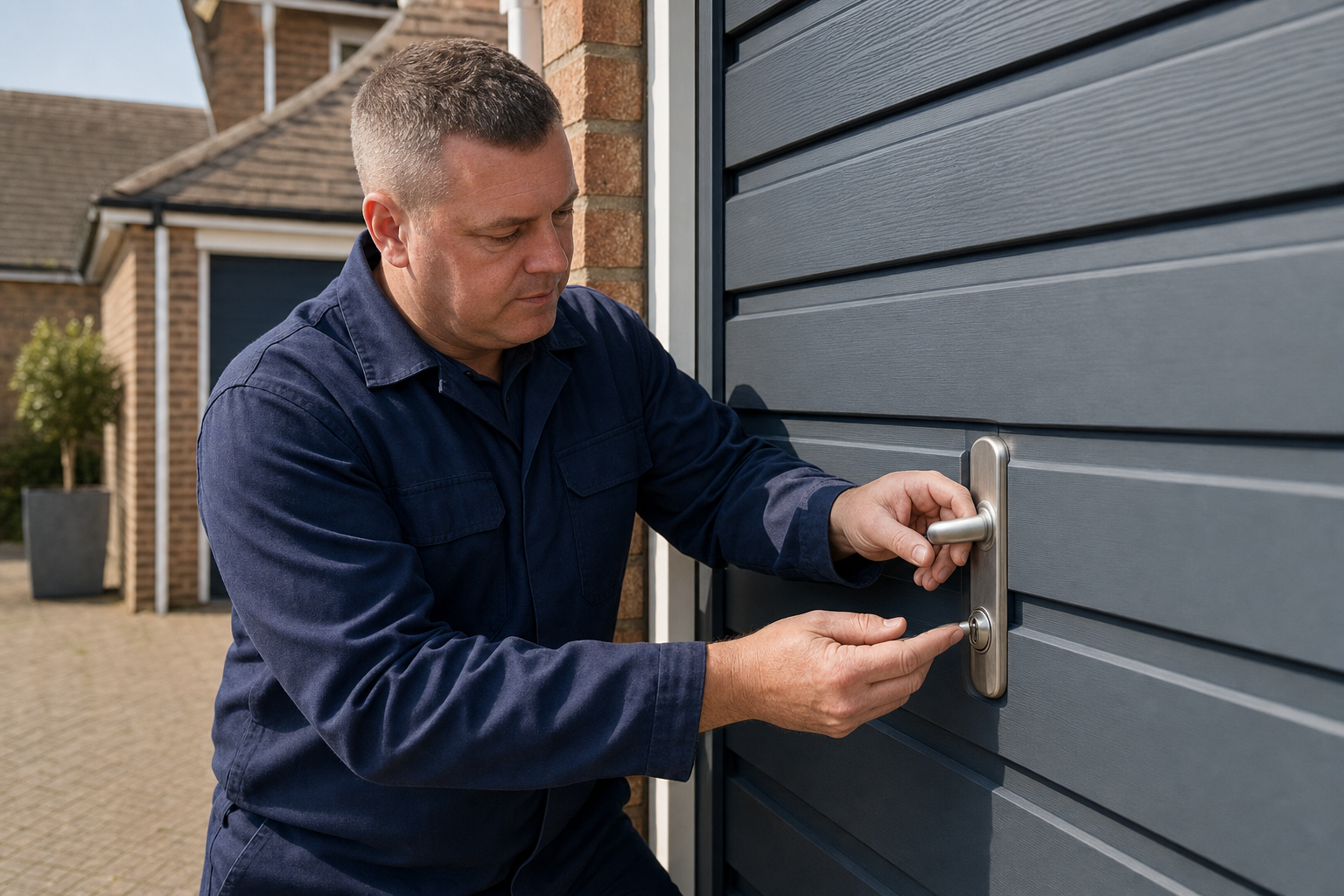 Man in a blue jumpsuit installing a lock on a grey garage door.