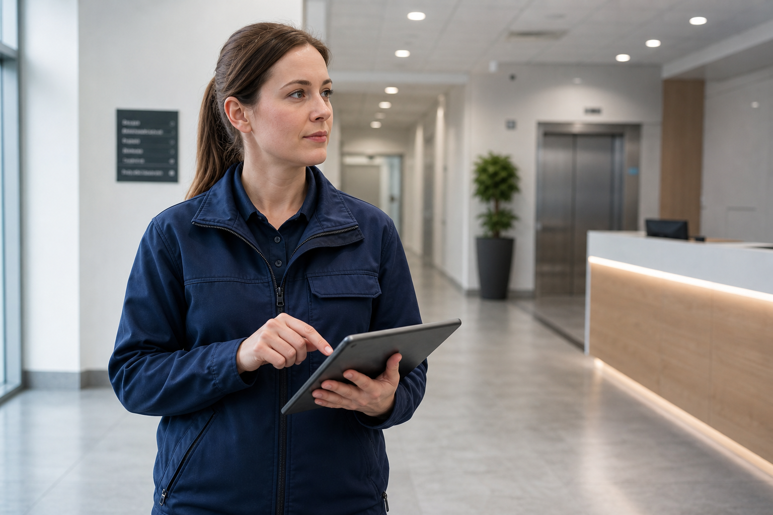 A woman in a blue uniform holding a tablet stands in a modern lobby with a reception desk and elevator in the background.