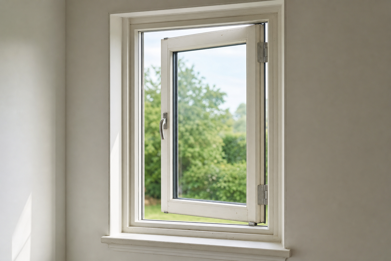 An open white-framed casement window revealing a view of green trees outside.