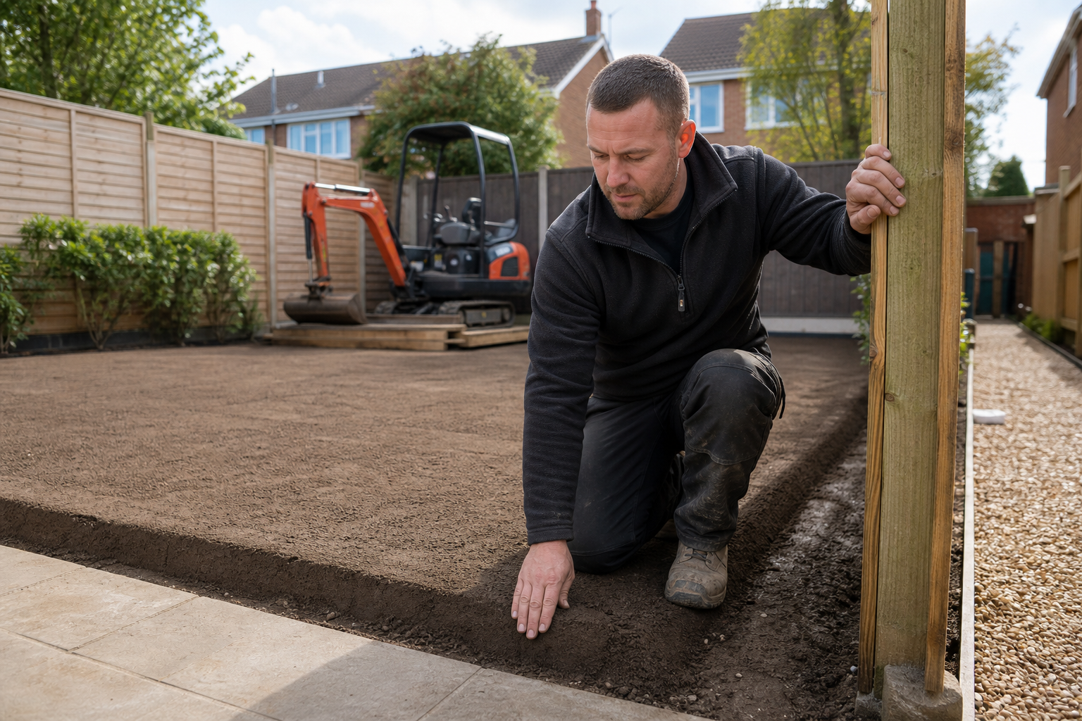 Man kneels on a prepared garden area, smoothing soil near a wooden post, with a small digger in the background.