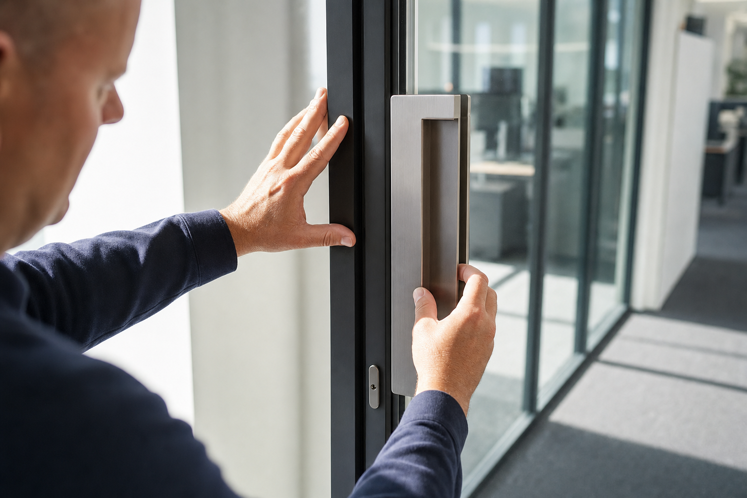 A person opens a modern glass door with a silver handle inside an office building.