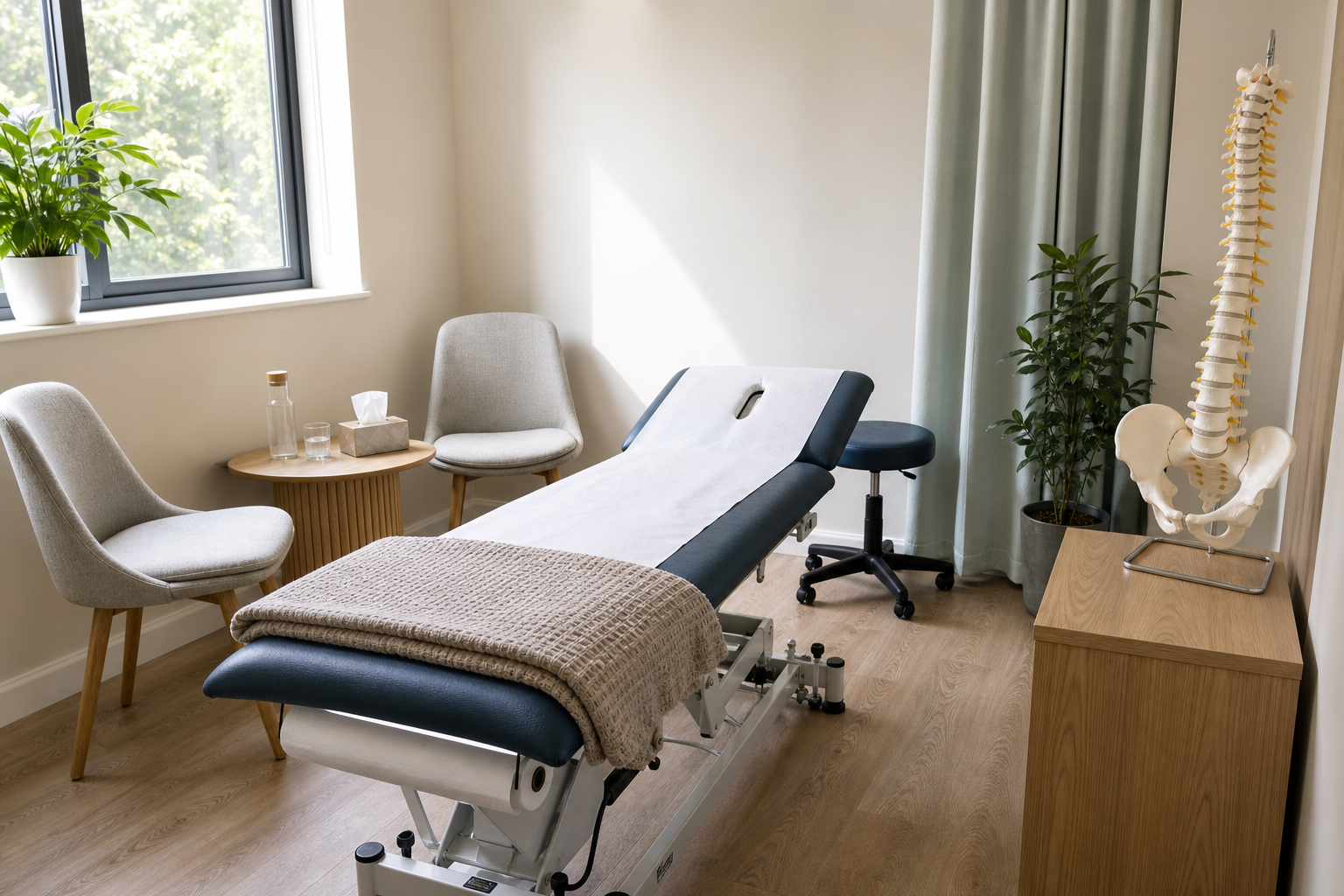 Therapy room with a treatment table, spine model, chairs, and potted plants under natural light from a large window.